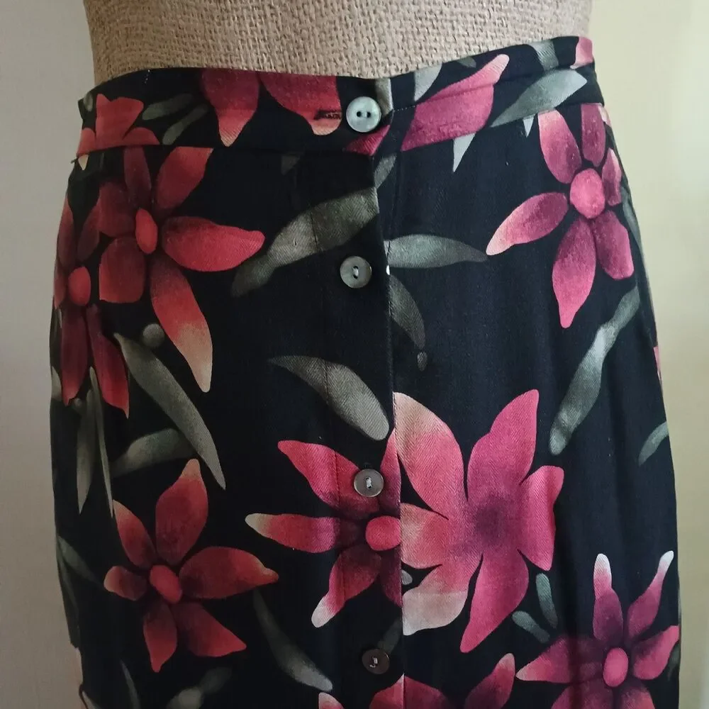 Valerie Stevens Plus Size 22W 100% Silk Black Floral Tropical Midi Button Front